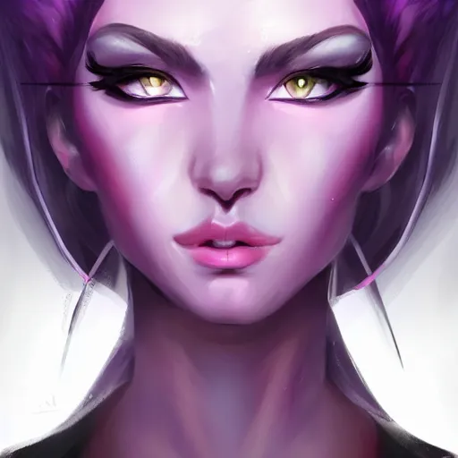 Prompt: a portrait of a tiefling with light purple skin and black hair, stunning digital painting trending on artstation