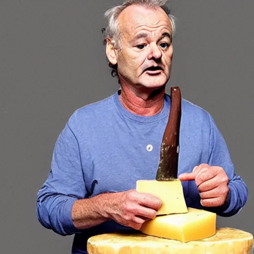 Image similar to bill murray eating a large wheel of cheese,