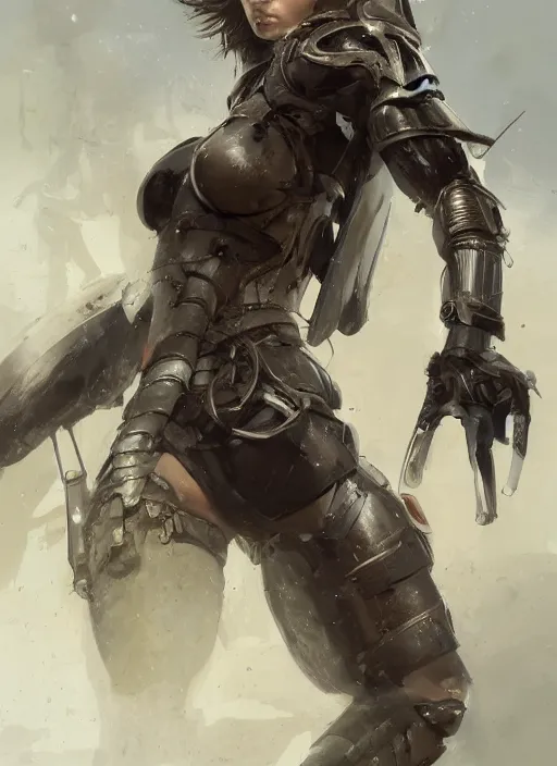 Image similar to a professional painting of a beautiful young female, partially clothed in battle armor, olive skin, long dark hair, beautiful bone structure, symmetrical facial features, intricate, elegant, digital painting, concept art, smooth, sharp focus, illustration, from Metal Gear, by Ruan Jia and Mandy Jurgens and Greg Rutkowski and Artgerm and William-Adolphe Bouguerea