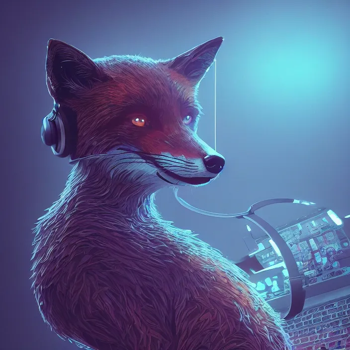 Image similar to fox with headphones, HD, 4K, intricate abstract. intricate artwork. by Tooth Wu, wlop, beeple, dan mumford, octane render, trending on artstation, greg rutkowski very coherent symmetrical artwork. cinematic, hyper realism, high detail, octane render, 8k, iridescent accents