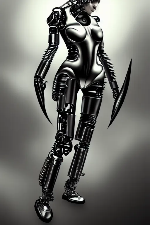 Prompt: female chrome futuristic cyborg with curved metal horns, chrome motorcycle parts, full body, machine background HEAVY METAL, , dark fantasy, diffuse lighting, intricate, highly detailed, lifelike, photorealistic, digital painting, trending on artstation, smooth, sharp focus, art by John Collier and Albert Aublet and Krenz Cushart and Artem Demura and Alphonse Mucha