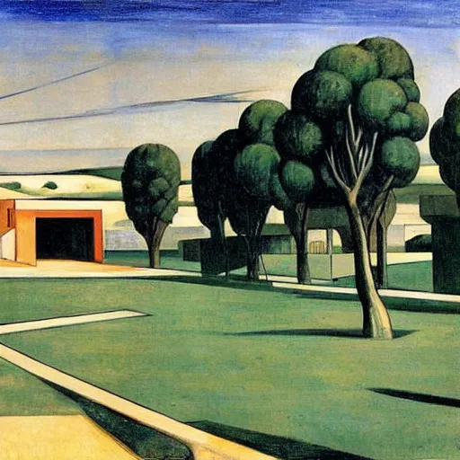 Image similar to kibbutz ein harod ihud in israel by giorgio de chirico and edward hopper