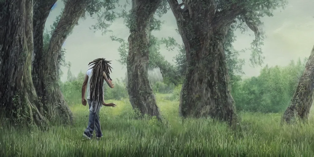 Image similar to side shot of a man with dreadlocks walking while playing the guitar with trees in the background, beautyful painting, hyperrealistic, animation, concept art