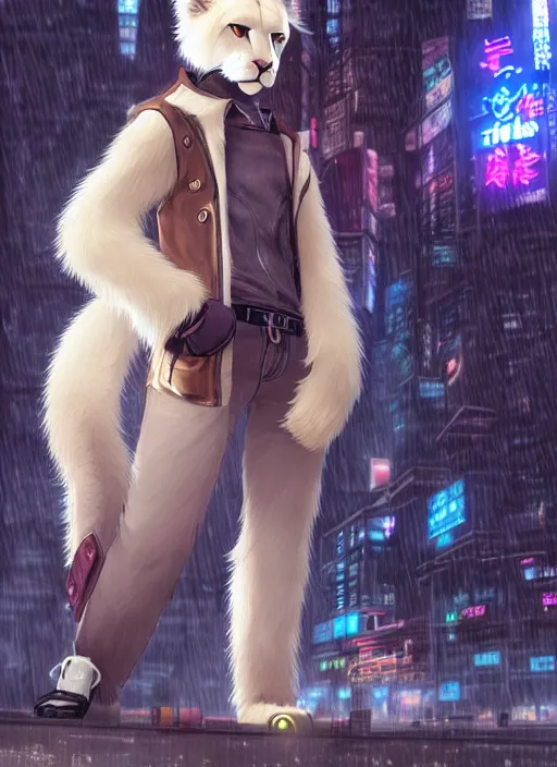 Image similar to character portrait of a male anthro albino mountain lion fursona with a tail and a cute beautiful attractive furry face wearing stylish cyberpunk clothes in a cyberpunk city at night while it rains. hidari, color page, tankoban, 4K, tone mapping, Akihiko Yoshida.