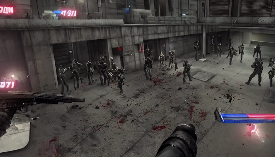 Prompt: 2020 Video Game Screenshot, Anime Neo-tokyo Cyborg bank robbers vs police, Set inside of the Bank, Open Vault, Multiplayer set-piece Ambush, Tactical Squads :19, Police officers under heavy fire, Police Calling for back up, Bullet Holes and Realistic Blood Splatter, :6 Gas Grenades, Riot Shields, Large Caliber Sniper Fire, Chaos, Metal Gear Solid Anime Cyberpunk, Akira Anime Cyberpunk, Anime Bullet VFX, Anime Machine Gun Fire, Violent Action, Sakuga Gunplay, Shootout, :14 Inspired by the film Akira :19 , Inspired by Intruder :11 by Katsuhiro Otomo: 19, 🕹️ 😎 🚬