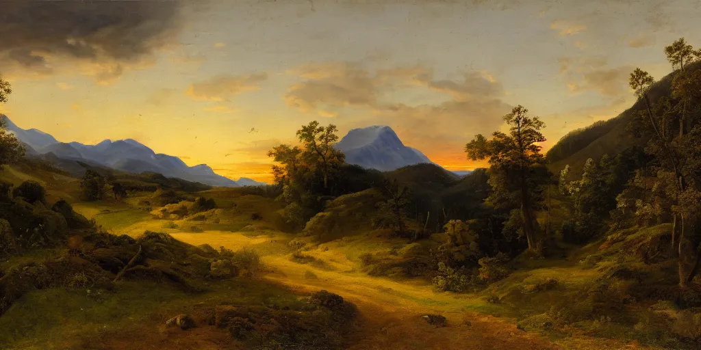 Prompt: a dramatic landscape painting of a mountain with a path leading into fields and forest, beautiful sunset, by joachim patinir, oil on canvas, highly detailed, hd, 4 k