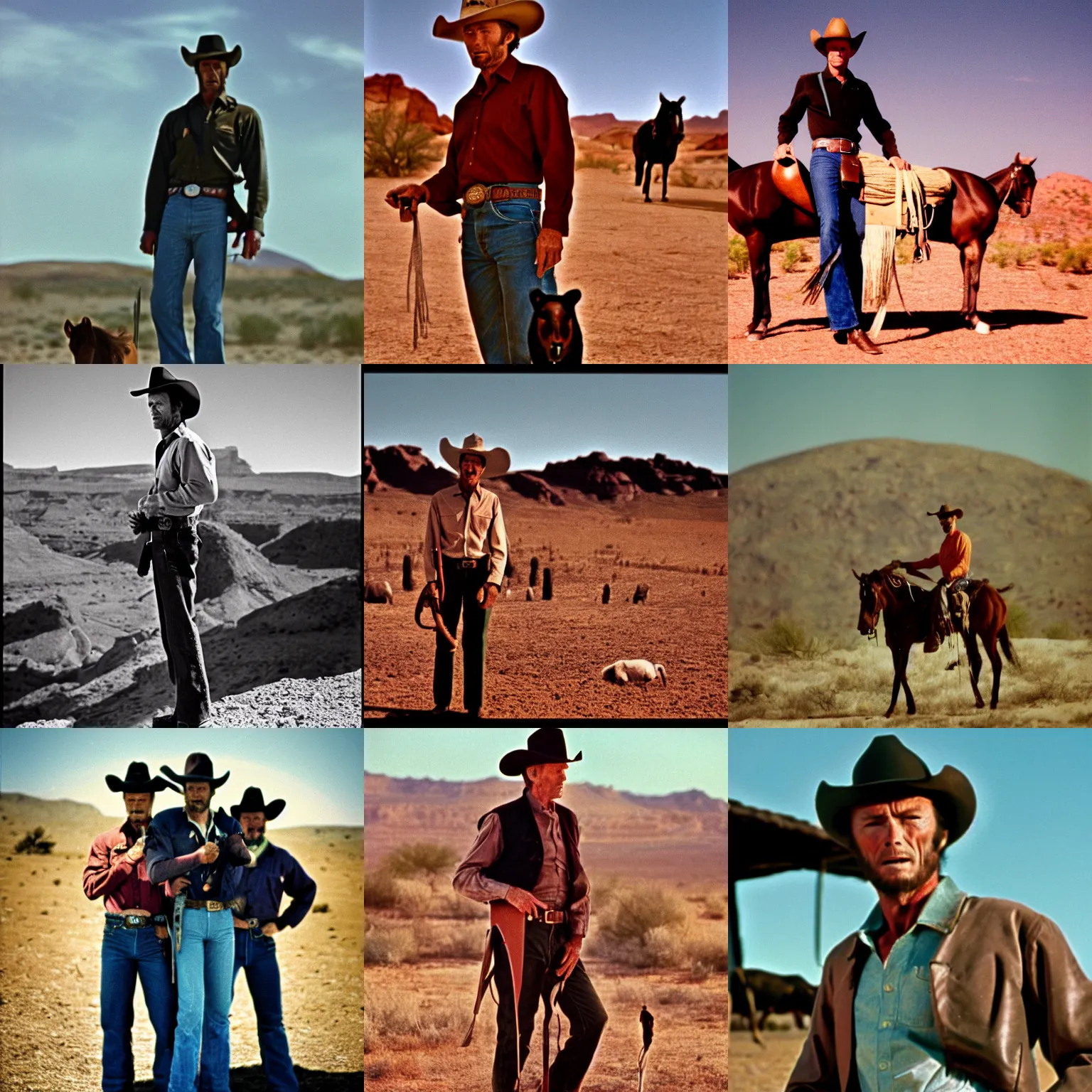 Prompt: point of view shot in color from 1 9 6 9 of clint eastwood as a cowboy, standing with hands on colts. desert in the background. cinematic, 5 0 mm lens