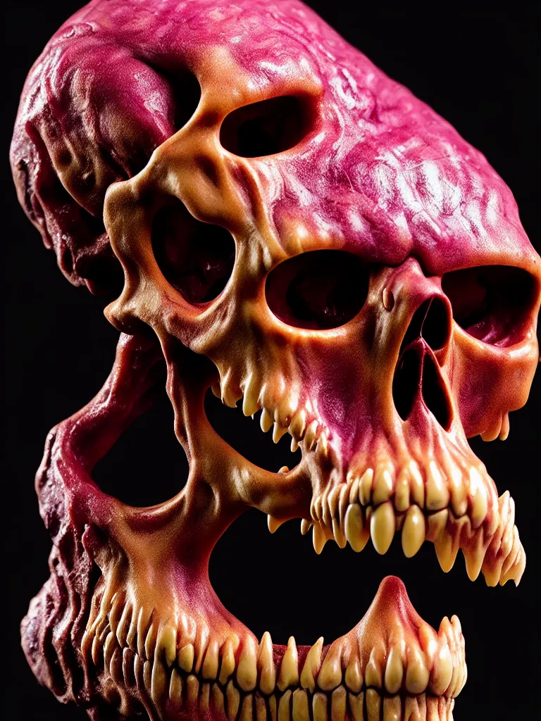 Image similar to hyperrealistic subsurface scattering rendering, fat smooth wet cronenberg flesh monster smooth skull and ribcages kaiju by art of skinner and richard corben and jeff easley, product photography, action figure, sofubi, studio lighting, colored gels