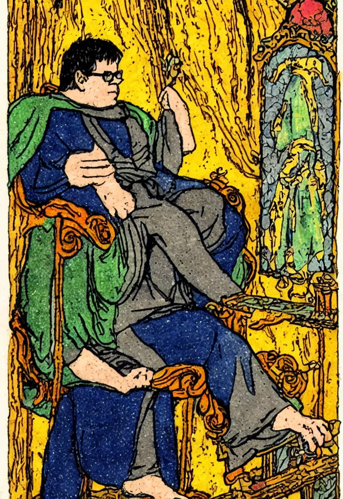 Image similar to Yann LeCun sitting on the throne on a tarot card, illustrated on the Rider–Waite tarot.