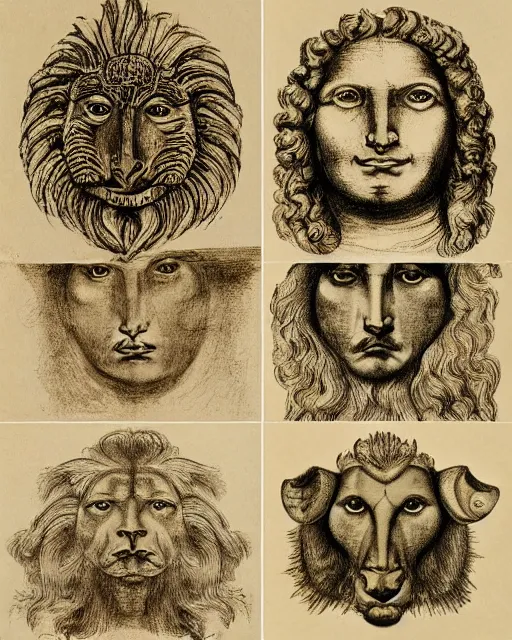 Image similar to four faces on different sides of one creature, eagle, lion, ox, human, drawn by da vinci