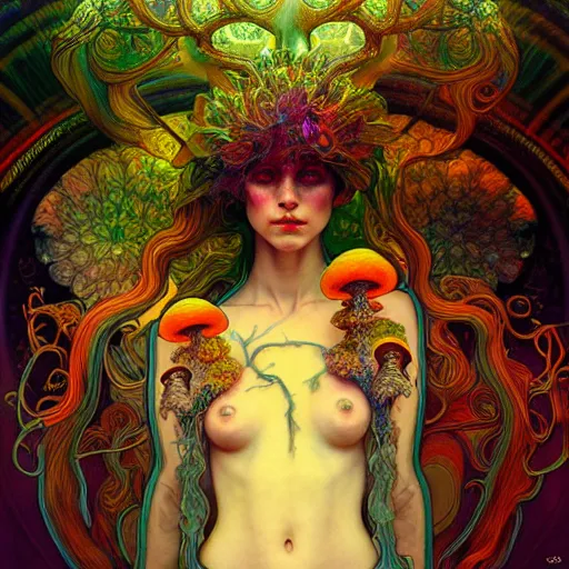 Image similar to An extremely psychedelic transformation, surreal, dramatic lighting, magic mushrooms, psilocybin, LSD, face, detailed, intricate, elegant, lithe, highly detailed, digital painting, artstation, concept art, smooth, sharp focus, illustration, art by Krenz Cushart and Artem Demura and alphonse mucha