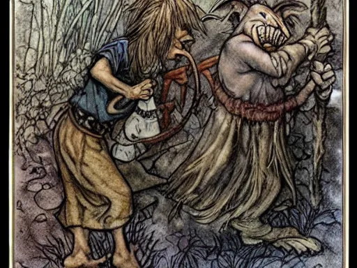 Image similar to goblins by arthur rackham and by Tony DiTerlizzi and by brian froud