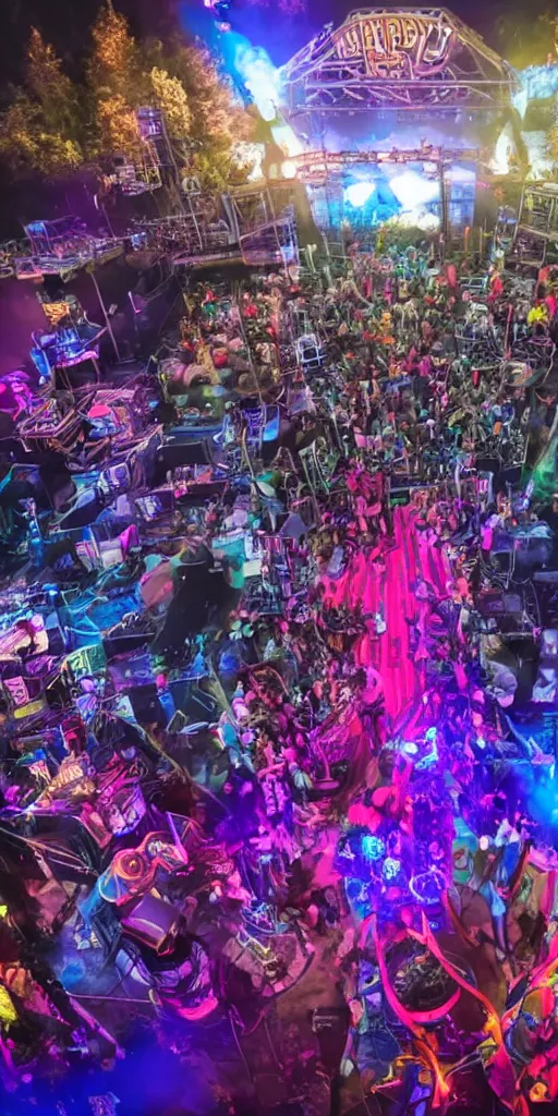 Prompt: a selfie of happy people at an outdoor festival stage with audience, on stage is a rockband with 3 steampunk robots with guitars and drums, center of the stage is a big steampunk generator, laser show, 8 k, fluorescent colors, halluzinogenic, multicolored, exaggerated detailed, unreal engine, 8 0 mm lens