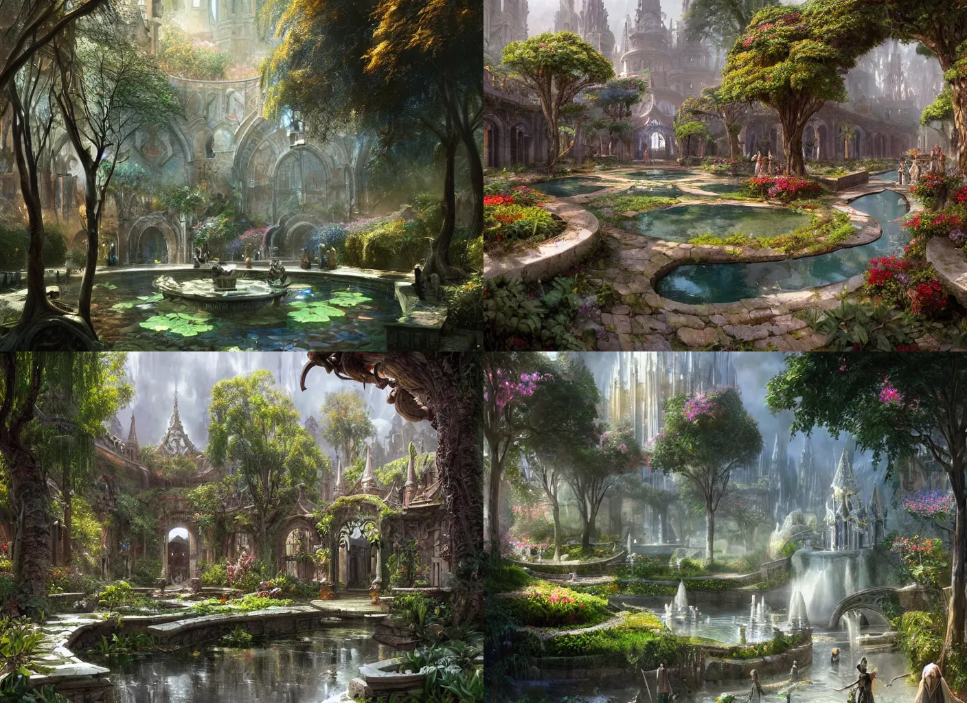 Image similar to a wide open courtyard in a beautiful elven city made of ivory and silver, vivid colors, lush trees, flowers, ponds, fountain, subsurface scattering, volumetric lighting, concept art, fantasy digital painting by James Gurney, by Greg Rutkowski, trending on Artstation, highly detailed