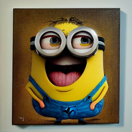 Image similar to minion after he accidentally ate his older brothers special brownie, oil painting