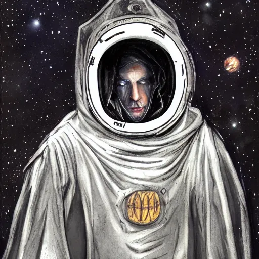 Prompt: tall thin gray - skinned brooding space elf nobleman in ornate hooded long dark cloak, on space station, highly detailed, mike mignogna, comic book, science fiction, dark tones, dark, rough paper, oil painting