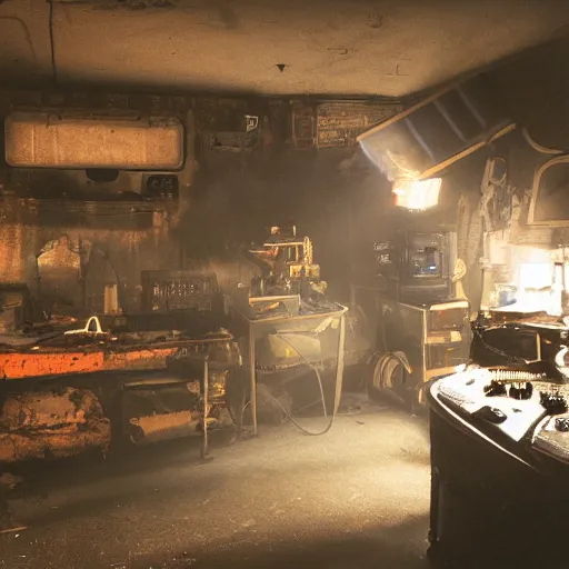 Image similar to original amiga 5 0 0, dark messy smoke - filled cluttered workshop, dark, dramatic lighting, orange tint, cinematic, highly detailed, sci - fi, futuristic, movie still