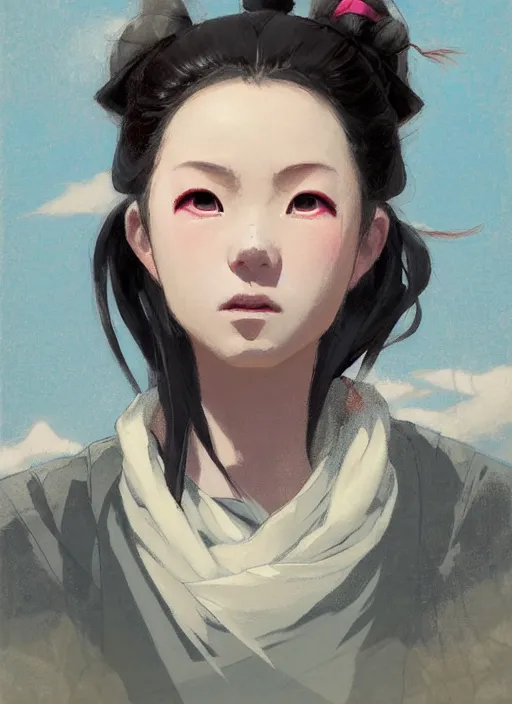 Image similar to portrait of Nezuko from Demon Slayer Anime, countryside, calm, fantasy character portrait, dynamic pose, above view, sunny day, thunder clouds in the sky, artwork by Jeremy Lipkin and Giuseppe Dangelico Pino and Michael Garmash and Rob Rey, very coherent asymmetrical artwork, sharp edges, perfect face, simple form, 100mm