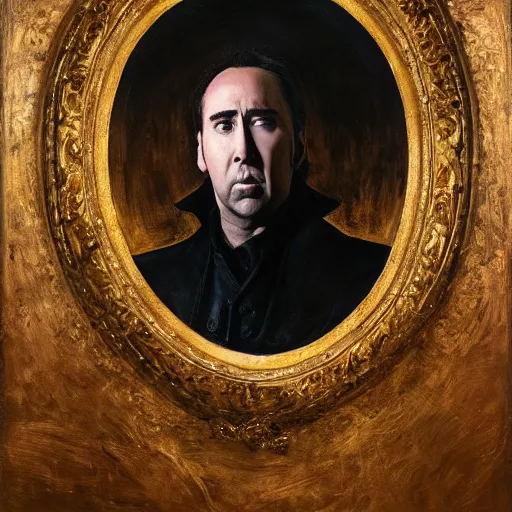 Image similar to Nicolas Cage in a black coat, religious masterpiece portrait, oil on canvas, golden hour, in the world of Andrew Wyeth and Bloodborne, artstation, by J. C. Leyendecker and Peter Paul Rubens,