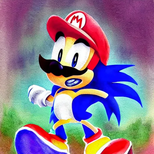 Image similar to Sonic in the style of Mario, with a mustache, beautiful watercolor art drawing, in the style of artist Simon Stalenhag s-90 - C 7