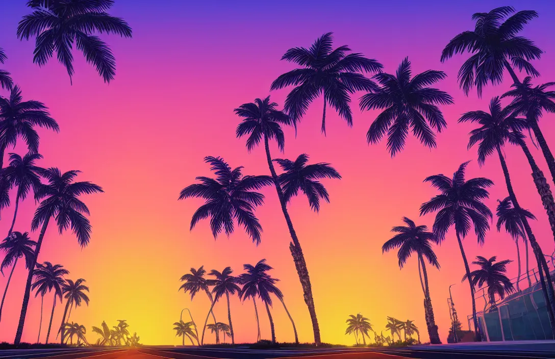 Image similar to a vaporwave landscape with palm trees at the sides of an highway, the sun setting in the background, orange and purple tones, high definition, 8 k, lo - fi, aesthetic