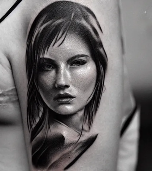 Image similar to amazing blend of beautiful mountain scenery with a beautiful woman face, tattoo design sketch, hyper - realistic, in the style of matteo pasqualin, amazing detail, black and white