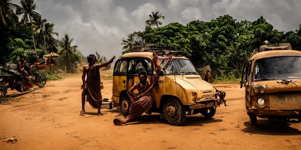 Image similar to sri lankan mad max style, tuk tuk, film still, epic shot cinematography, rule of thirds