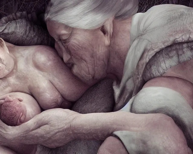 Image similar to of a very beautiful scene. ambient occlusion render. a sweet fat old woman is giving birth to her self as a baby. hyper realistic. 4 k. wide angle. wild. symmetrical face, red mouth, blue eyes. deep focus, lovely scene. ambient occlusion render. concept art. unreal engine.