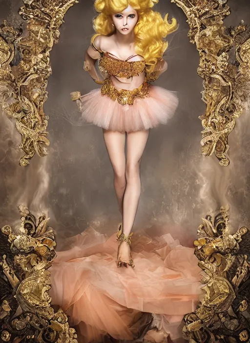Prompt: expressive full body photo of the peach princess from mario, dress made of peaches, blonde hair, glamour shot, by karol bak, stefan gesell, photorealistic, nikon d 4 x, fashion photography, hyper maximalist, elegant, ornate, luxury, elite, environmental portrait, symmetrical features, octane render, unreal engine, solid dark grey background, dramatic lights