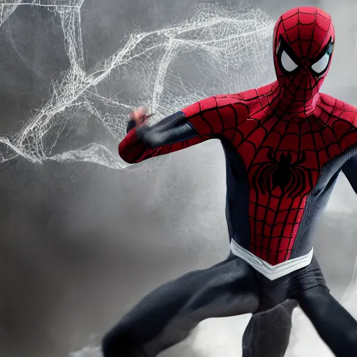 Image similar to black spider - man suit with white web lining, cinematic, volumetric lighting, realistic, hyperdetailed, photorealistic, photograph