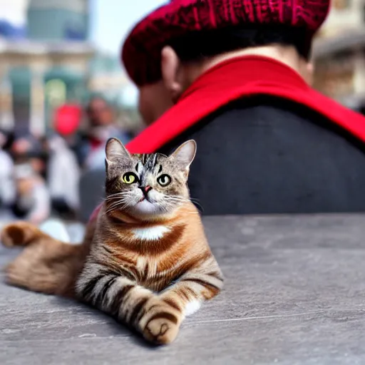 Prompt: cat wearing fez and drinking turkish tea in taksim square, photorealistic