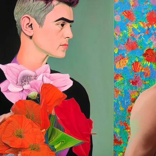 Image similar to detailed oil painting of matgot robbie in detail with flowers by james jean, by andy warhol, by frida kahlo