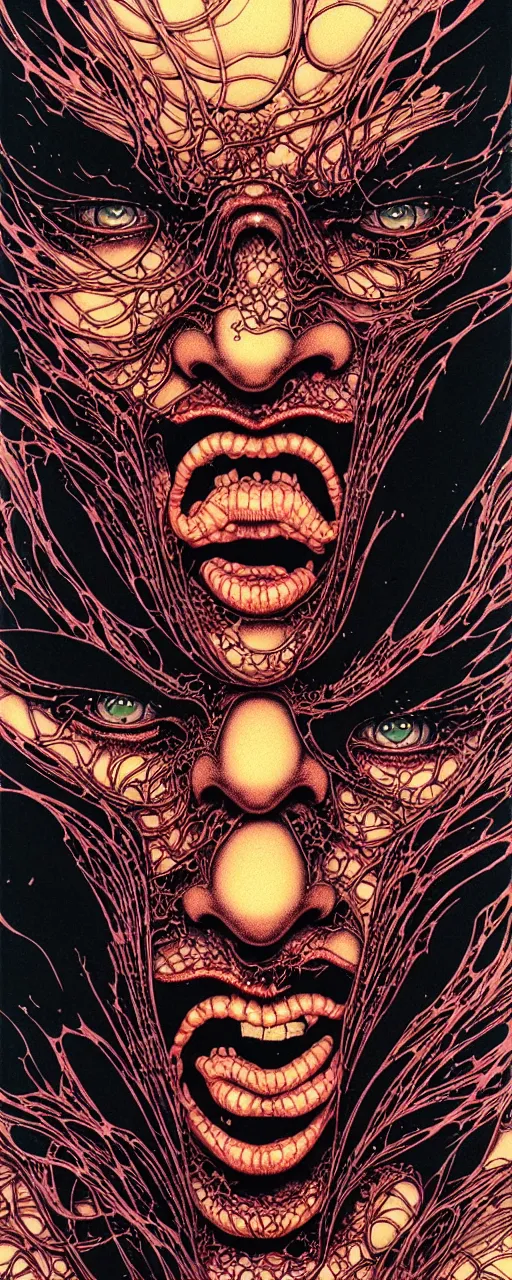 Image similar to closeup of face melting in agony, inside a frame on a tiled wall, frontal picture, by yoichi hatakenaka, masamune shirow, josan gonzales and dan mumford, ayami kojima, takato yamamoto, karol bak