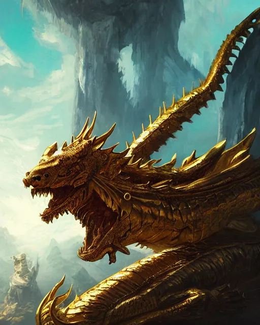 Image similar to A golden dragon resting, tiger skin, highly detailed, fantasy art, monster art, in the style of greg rutkowski, illustration, epic, fantasy, intricate, hyper detailed, artstation, concept art, smooth, sharp focus, ray tracing