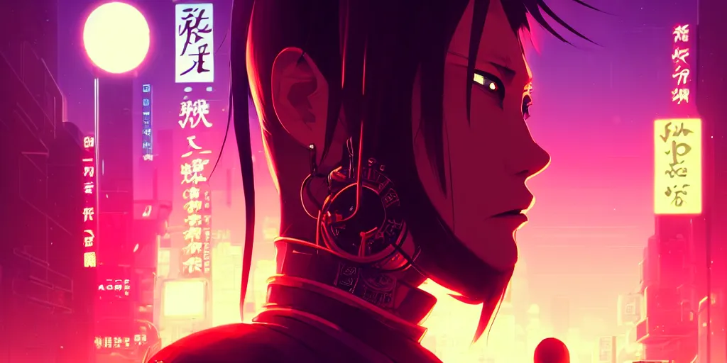 Image similar to digital illustration closeup portrait of cyberpunk samurai in city street at night by makoto shinkai, ilya kuvshinov, lois van baarle, rossdraws, basquiat | afrofuturism, in the style of hearthstone, trending on artstation | cool color scheme