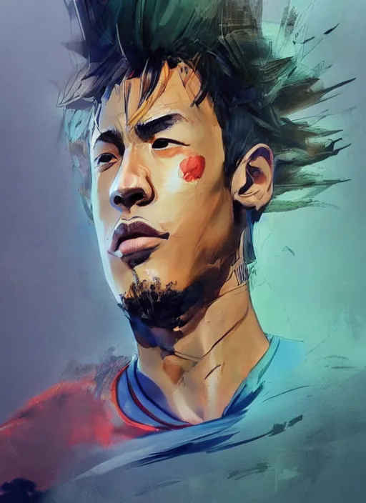 Image similar to semi reallistic gouache gesture painting, by yoshitaka amano, by ruan jia, by Conrad roset, by dofus online artists, detailed anime 3d render of neymar as goku, neymar soccer player super sayan, Neymar jr, portrait, cgsociety, artstation, rococo mechanical, Digital reality, sf5 ink style, dieselpunk atmosphere, gesture drawn