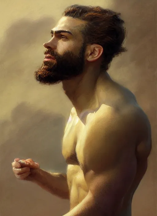 Image similar to detailed cinematic wide shot of muscular attractive young egyptian man beard slim face symmetrical face tanskin green eyes white hair wearing sea clothes, ultra realistic, spring light, painting by gaston bussiere, craig mullins, j. c. leyendecker