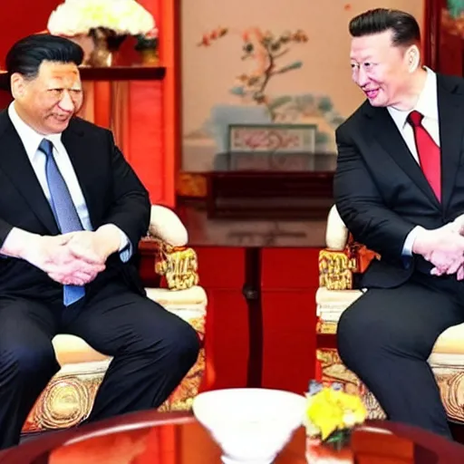 Prompt: chinese dwayne johnson and chinese elon musk chat with xi jinping.