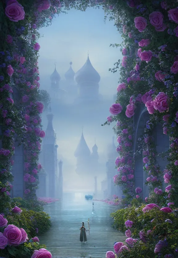 Image similar to vanishing point, palace like the kremlin in distance on a lake is covered with aqua blue roses, viewed from afar, stephen bliss, misty, unreal engine, fantasy art by greg rutkowski, loish, ferdinand knab, and lois van rossdraws,, global illumination, radiant light, minimalist, detailed and intricate environment