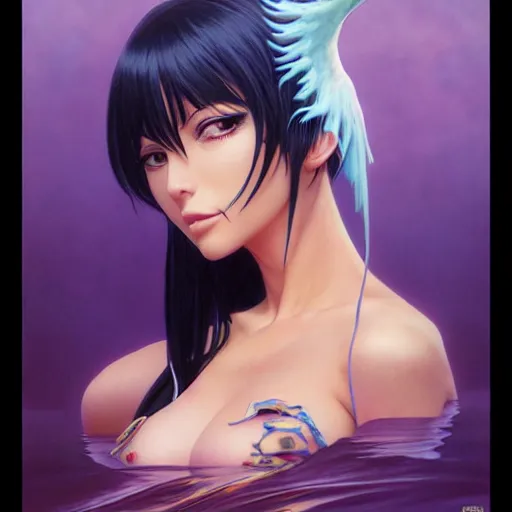 Image similar to highly detailed vfx portrait of nico robin by eiichiro oda!!!, stephen bliss, greg rutkowski, loish, rhads, beeple, makoto shinkai, tom bagshaw, alphonse mucha, sharp focus, art by artgerm and greg rutkowski, stanley kubrick, backlit, harsh overhead sunlight!!,