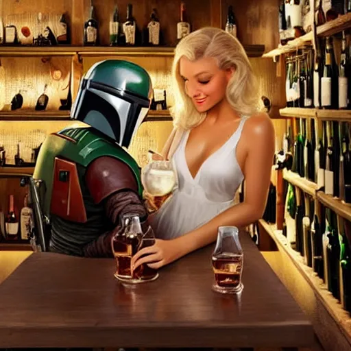 Prompt: (Boba Fett) and a beautiful young blonde drinking beer in a wine cellar, food, meat, schnapps, torches on the wall, romantic, inviting, cozy, painting by Vladimir Volegov