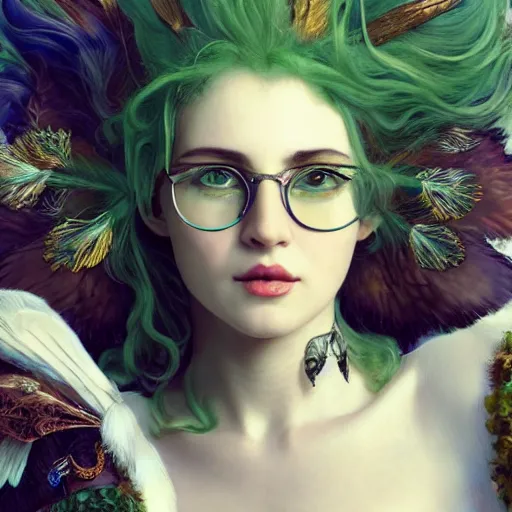 Prompt: a portrait of a baroque steampunk gorgeous green haired queen of birds with a tattered dress and big glasses, with feather decoration cinematic lighting, photorealistic, octane render, 8 k, depth of field, 3 d, art by artgerm and greg rutkowski and alphonse mucha and uang guangjian and gil elvgren and sachin ten