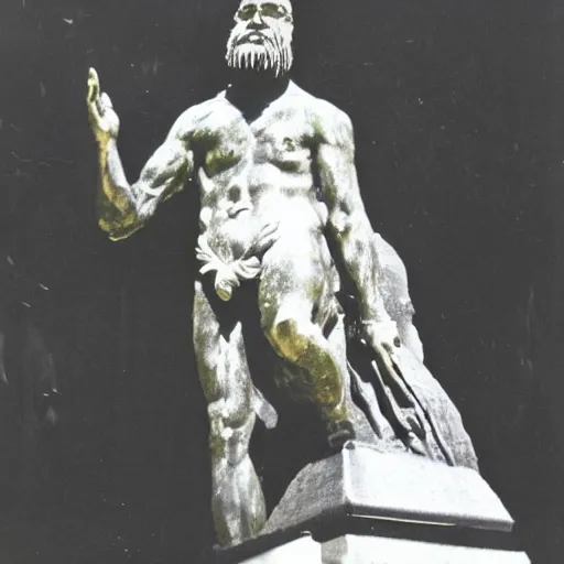 Image similar to Wet plate image of statue of a giant mythic man with black wings, age 34, outside 30 Rockefeller Center, Dark photo, Slightly blurred,