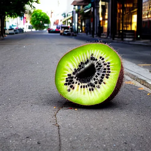 Image similar to huge kiwi fruit cut in half in the middle of the street, photographed