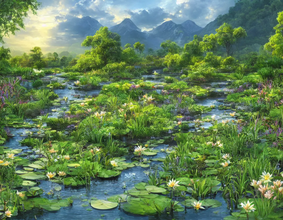 Prompt: photorealistic image of a peaceful stream with water plants and lilies in the foreground framed by trees while sunlit cumulonimbus clouds approach over background mountains sparse with vegetation at sunset, very detailed