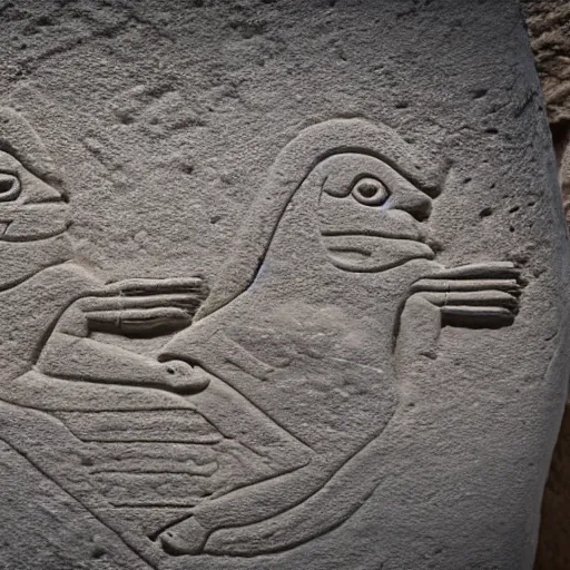 Image similar to ancient hieroglyphic relief of frogs surrounding an Egyptian statue, 40mm lens, shallow depth of field, split lighting