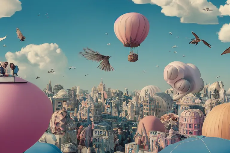 Prompt: elaborate, giant, massive, detailed, 3 d, pastel, blowup balloon owls floating in a 3 d painted, pastel sky with clouds and birds, cinematic, 3 d designed city, 4 k by'eva cremers'and'lesley barnes'and'jordan coelho'and wes anderson and james jean