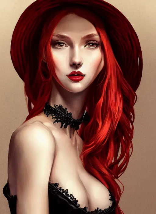 Image similar to a highly detailed illustration of tall beautiful red haired lady wearing black spaghetti strap dress and sun hat, elegant pose, perfect face, perfect body, perfect eyes, intricate, elegant, highly detailed, centered, digital painting, artstation, concept art, smooth, sharp focus, league of legends concept art, wlop.