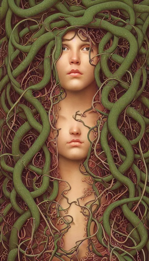 Prompt: very detailed portrait of a 2 0 years old girl surrounded by tentacles, the youg woman visage is blooming from fractal and vines, by thomas blackshear