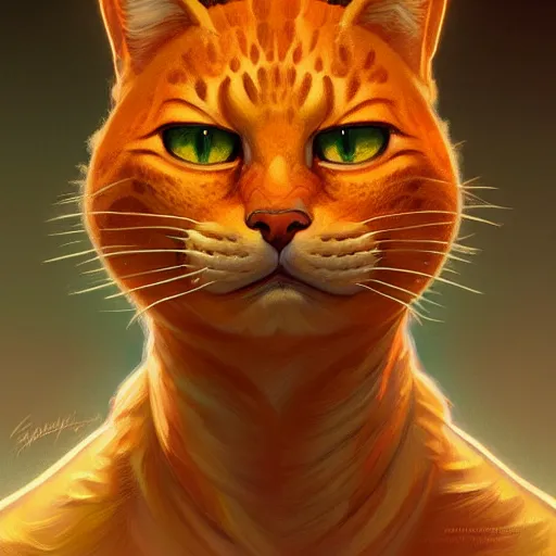 Image similar to symmetry!! intense portrait of garfield, intricate, elegant, highly detailed, my rendition, digital painting, artstation, concept art, smooth, sharp focus, illustration, art by artgerm and greg rutkowski and alphonse mucha